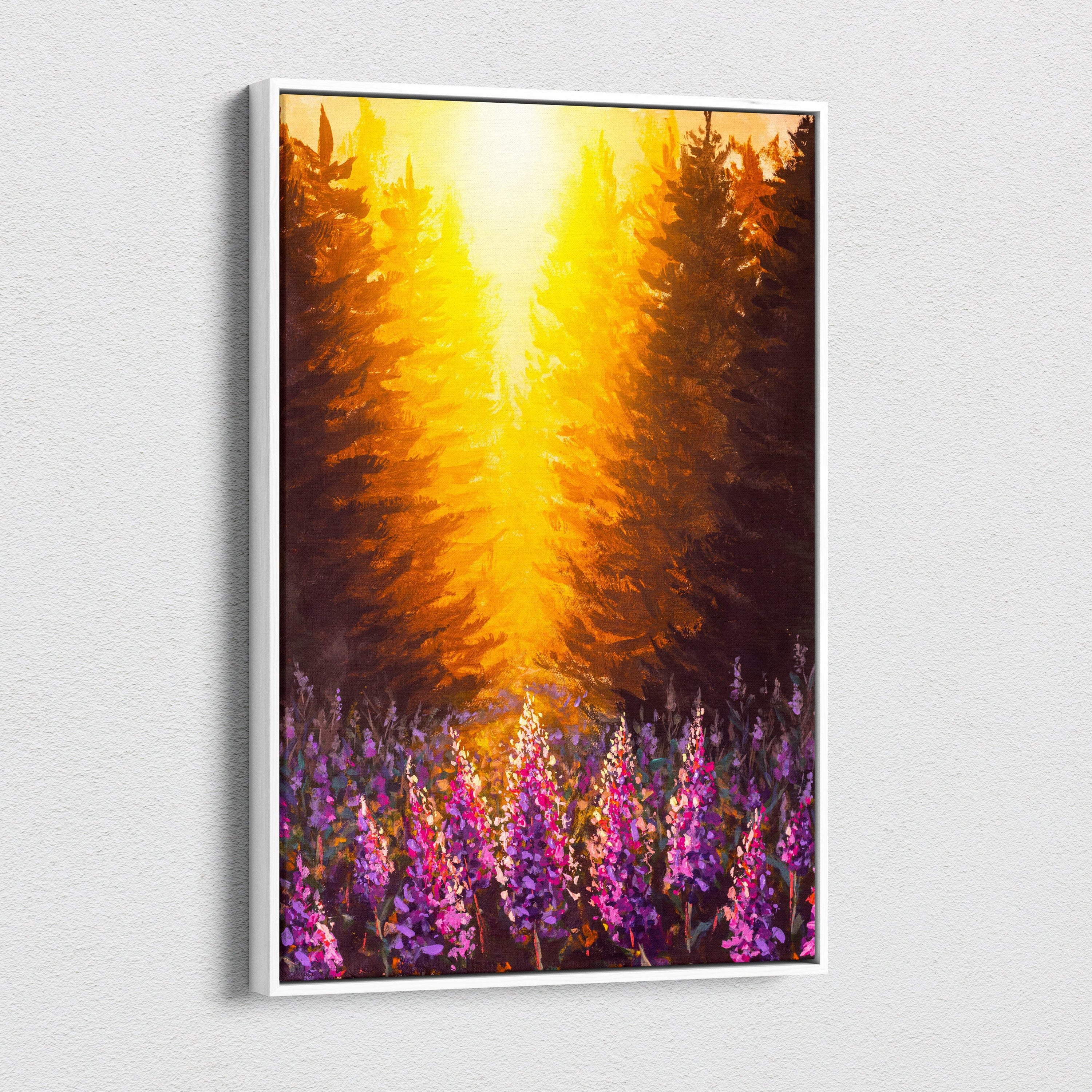 A framed canvas print of a sunlit forest with golden light rays, tall pine trees, and vibrant purple wildflowers