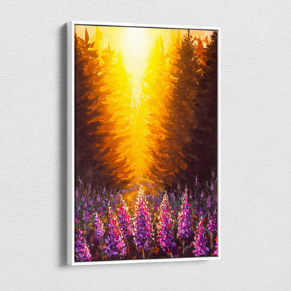 A framed canvas print of a sunlit forest with golden light rays, tall pine trees, and vibrant purple wildflowers