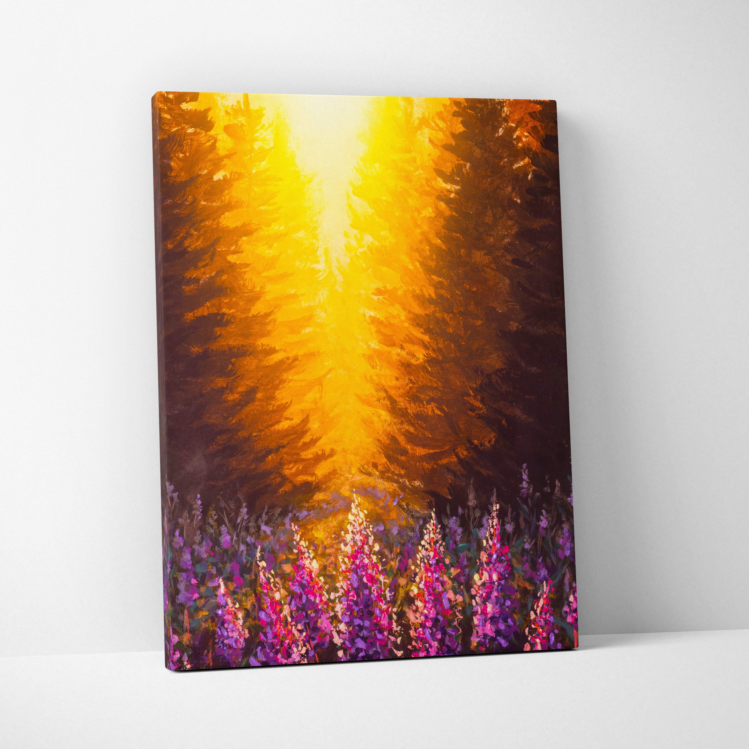 A vibrant canvas print of a sunlit forest scene with golden light rays tall pine trees and purple wildflowers in oil painting style