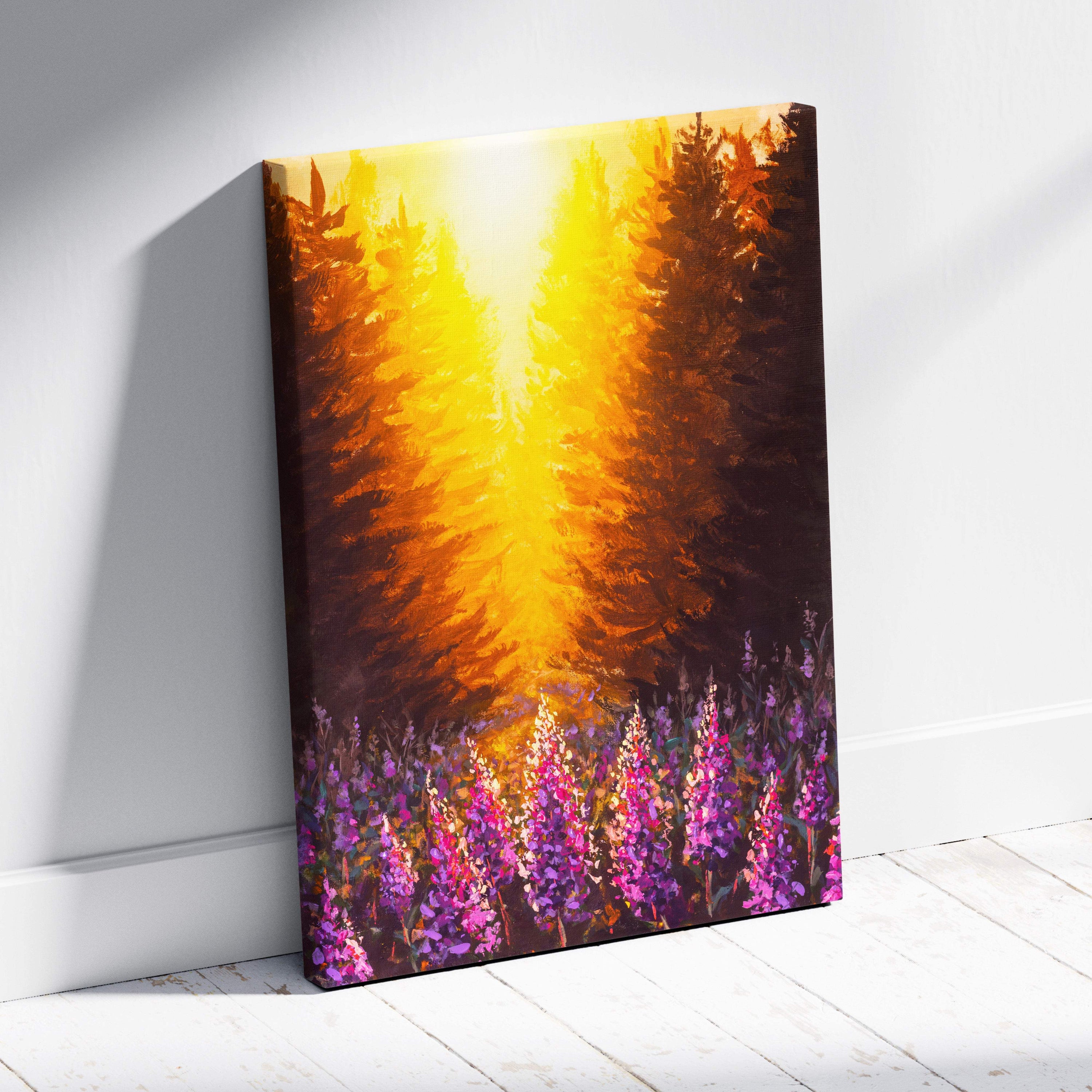 Vibrant canvas print of sunlit forest with golden light rays, tall pine trees, and purple wildflowers in oil painting style