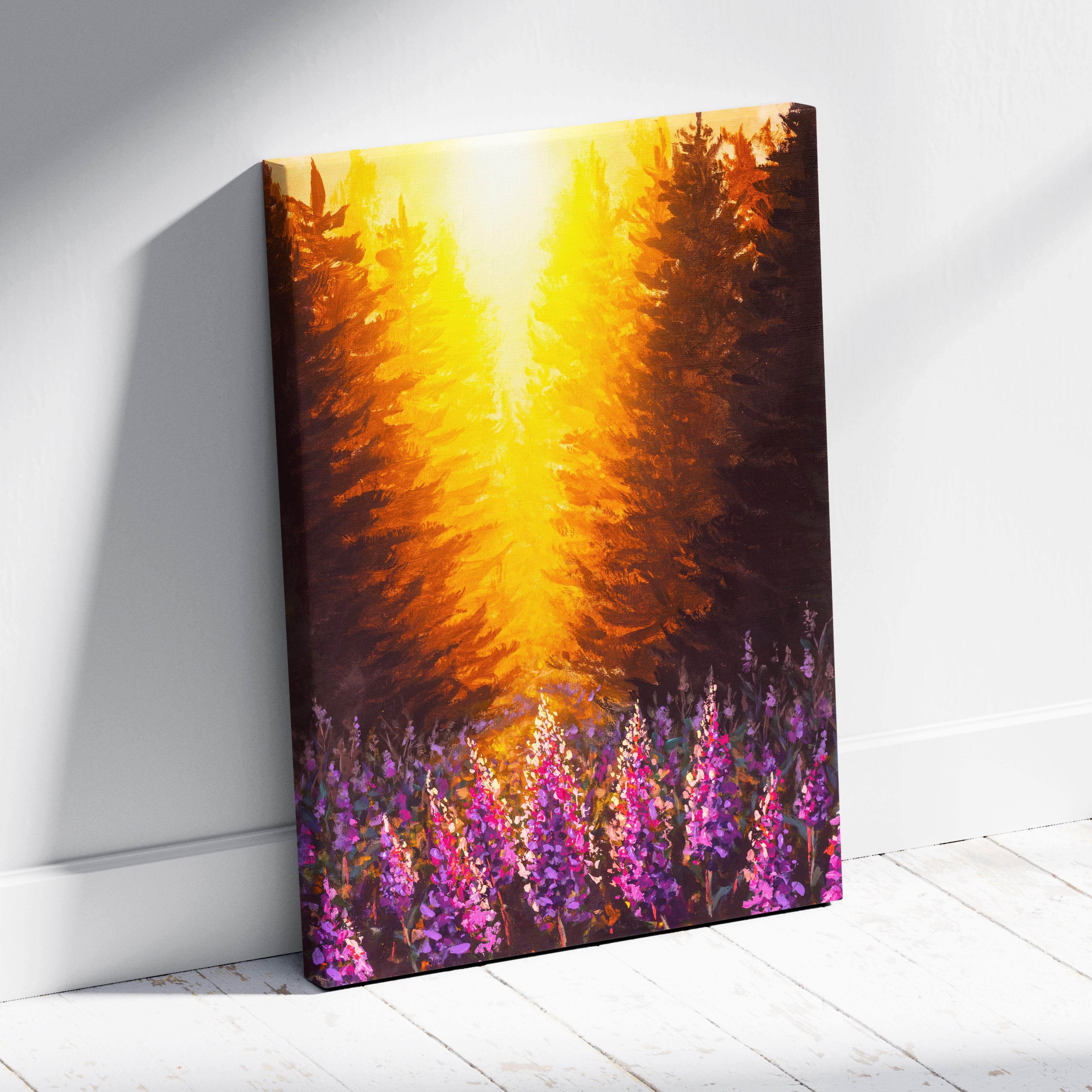 Vibrant canvas print of sunlit forest with golden light rays, tall pine trees, and purple wildflowers in oil painting style