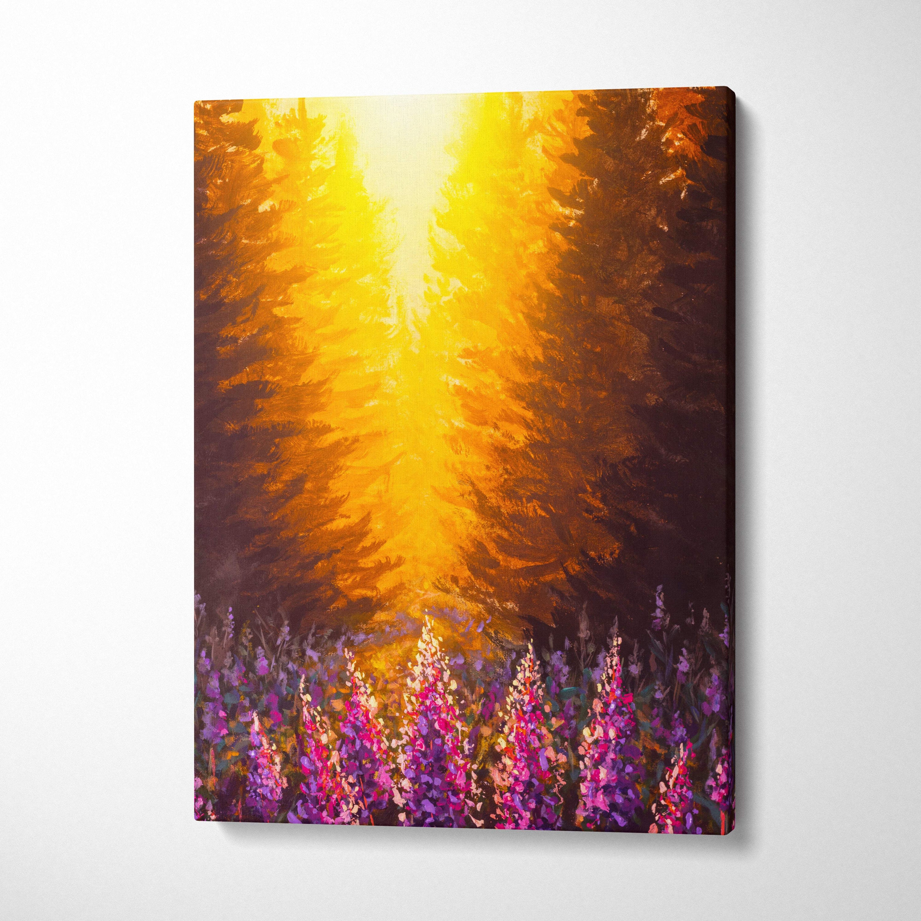 A vibrant canvas print of a sunlit forest with golden light rays, tall pine trees, and purple wildflowers in impressionist style