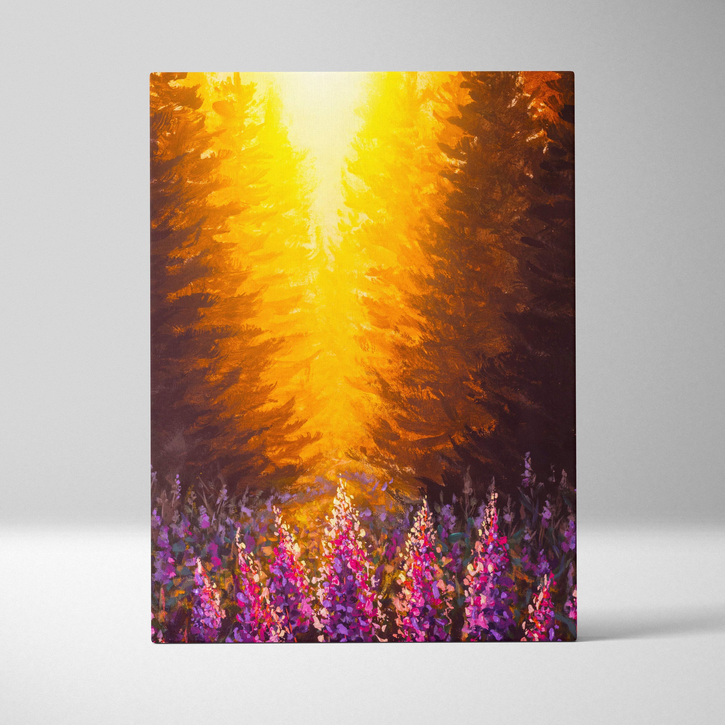 Vibrant canvas print of a forest scene with golden sunlight filtering through tall pines and purple wildflowers blooming