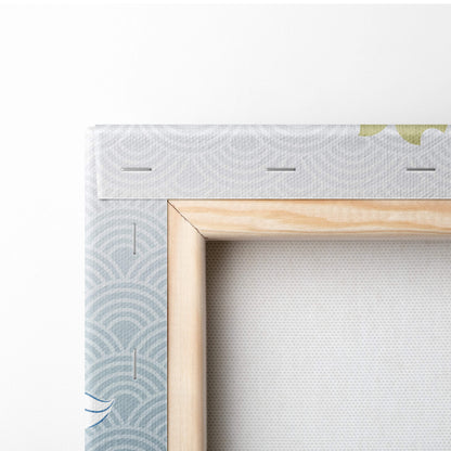 Light wood frame with subtle grain holding green japanese dragon wave canvas wall art in textured gray paper