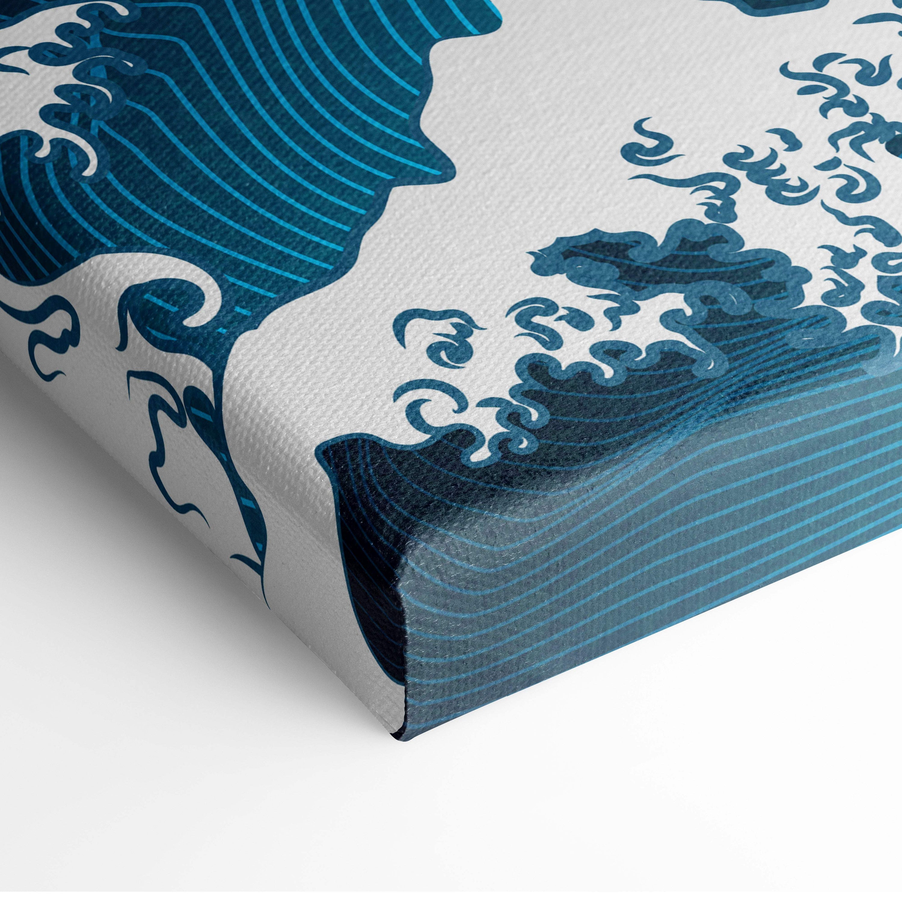 Green japanese dragon wave canvas wall art features a bold blue wave with white foam in a style like hokusai’s great wave
