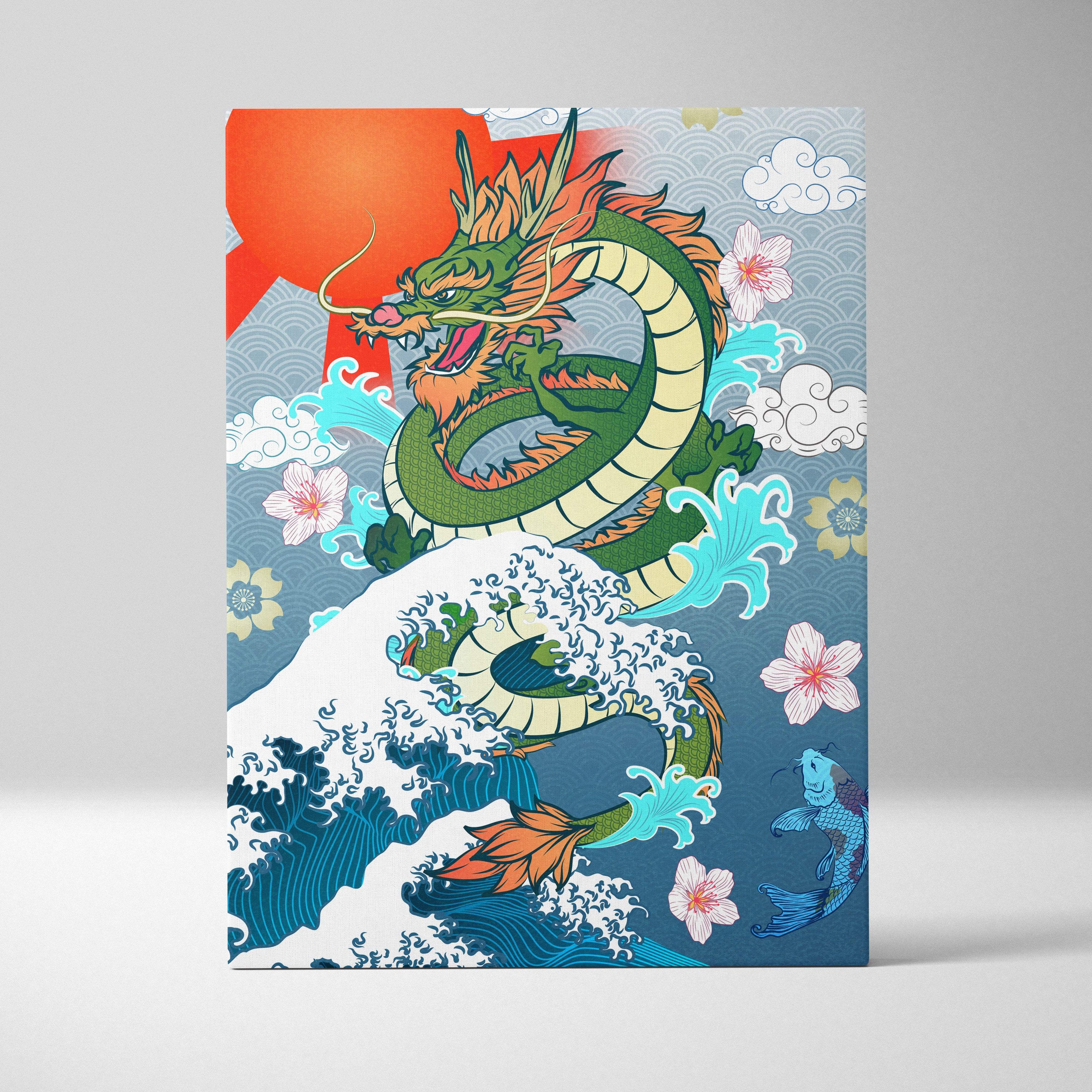 Green japanese dragon wave canvas wall art with vibrant green and orange dragon, blue waves, cherry blossoms, and white clouds