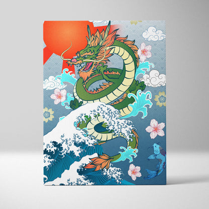 Green japanese dragon wave canvas wall art with vibrant green and orange dragon, blue waves, cherry blossoms, and white clouds