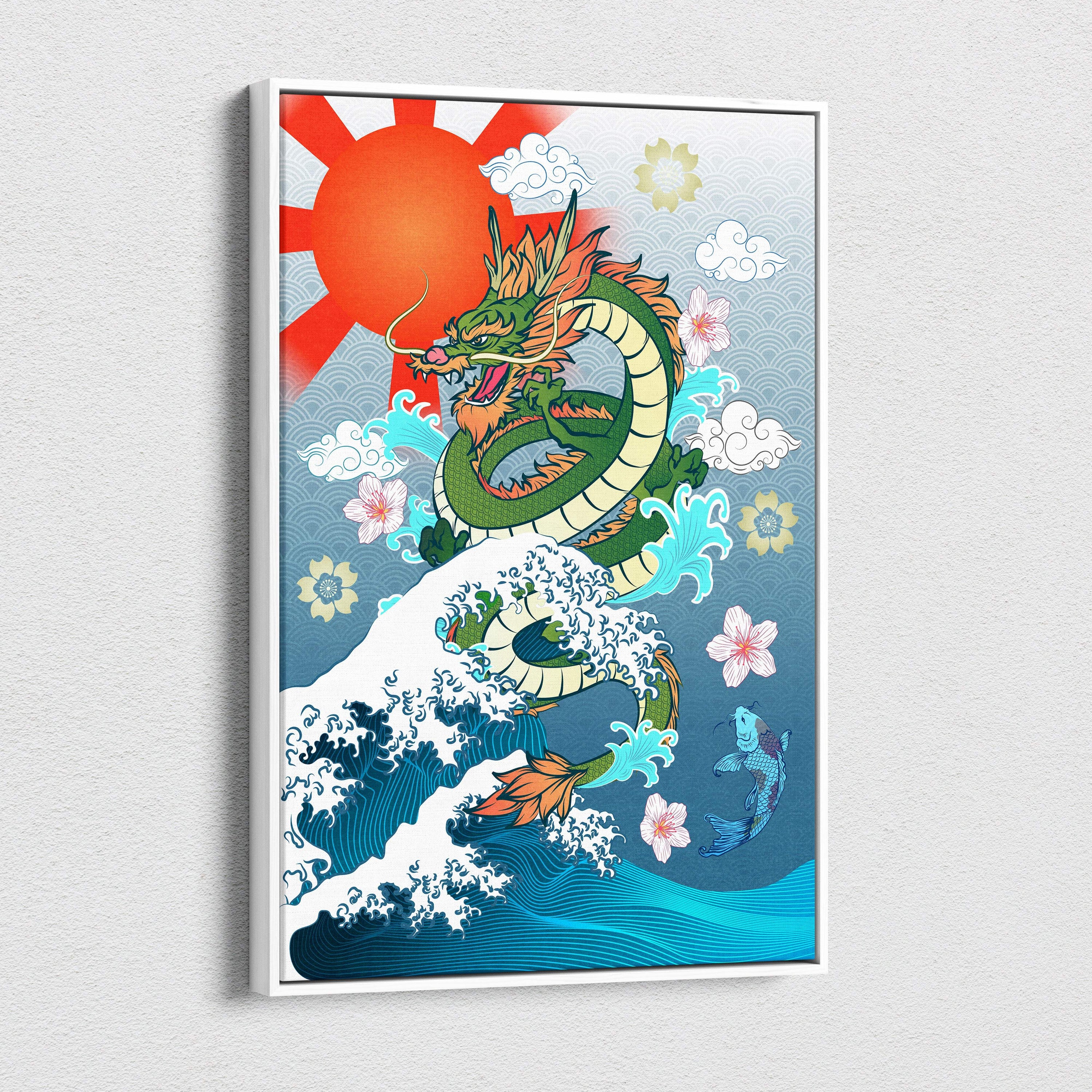 Green Japanese dragon canvas wall art with orange accents, blue waves, pink cherry blossoms, and red sun for game room decor