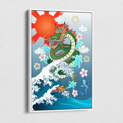 Green Japanese dragon canvas wall art with orange accents, blue waves, pink cherry blossoms, and red sun for game room decor