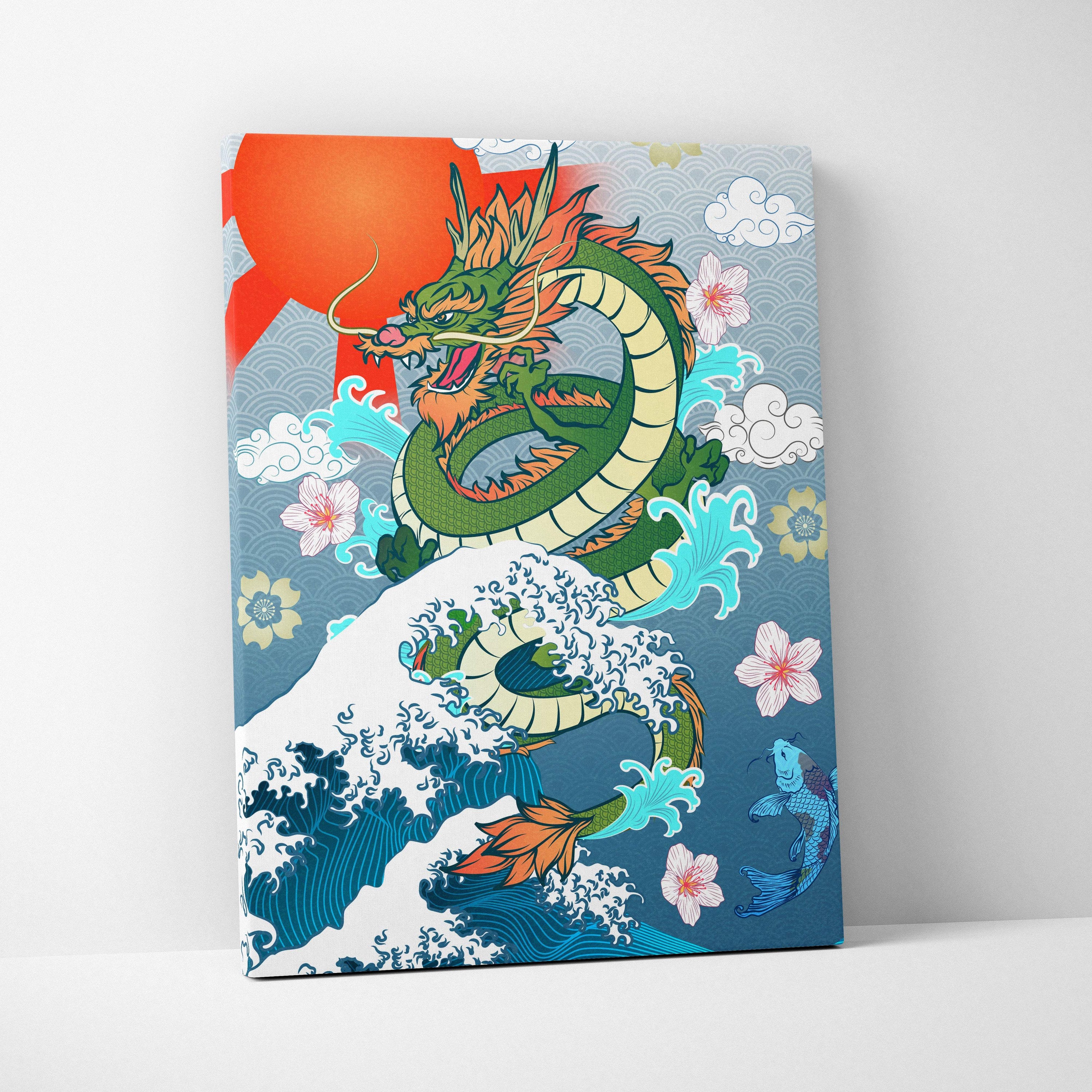 Green japanese dragon wave canvas wall art with orange accents bold zen mythical design for living or game room decor