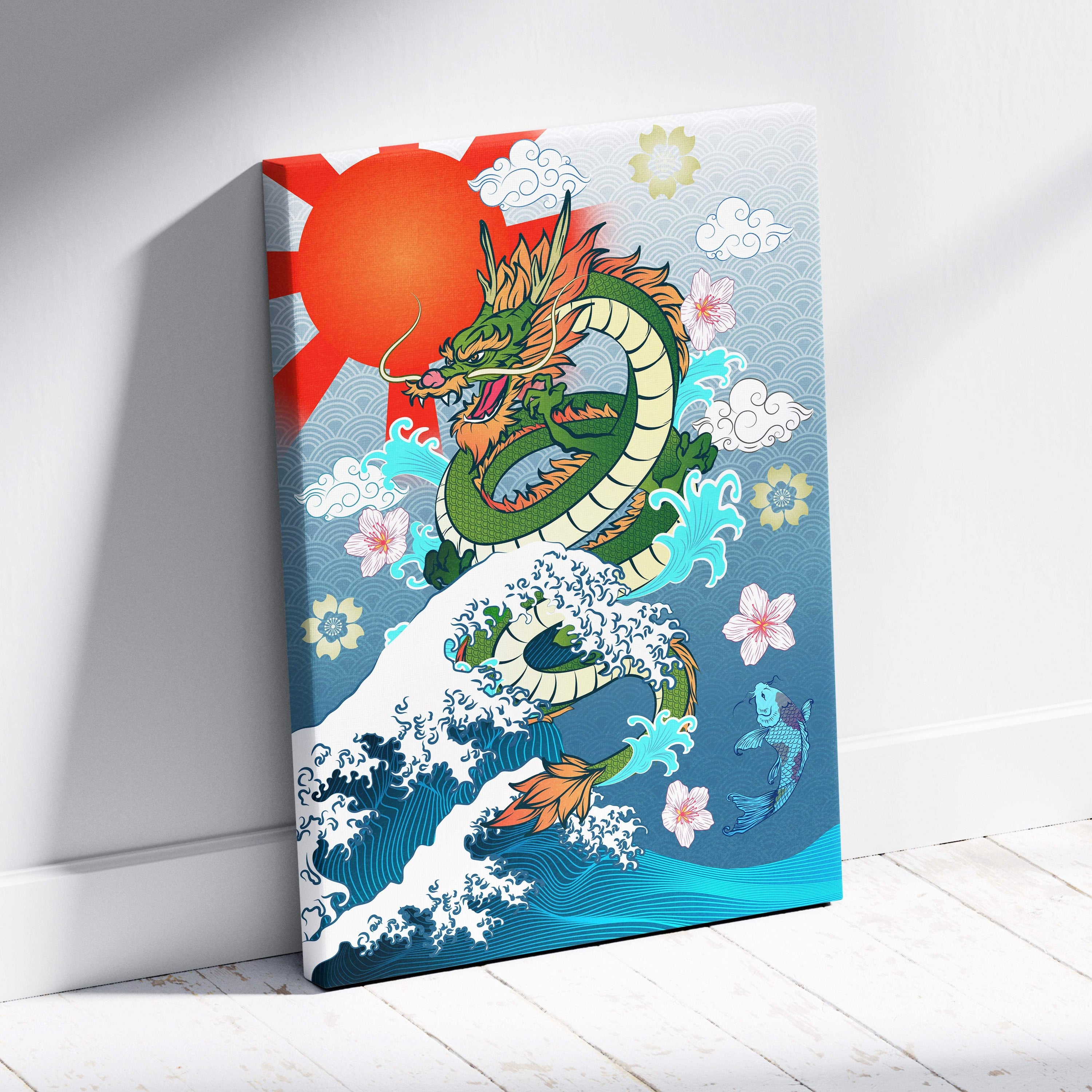 Green japanese dragon wave canvas wall art with orange accents red sun and blue ocean for living room decor