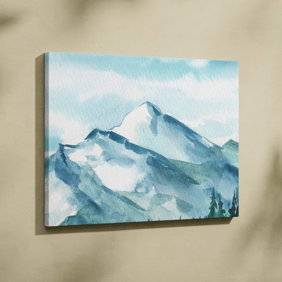 Misty mountain watercolor canvas wall art in serene blue teal tones with alpine peaks and pines