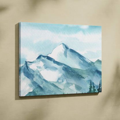 Misty mountain watercolor canvas wall art in serene blue teal tones with alpine peaks and pines