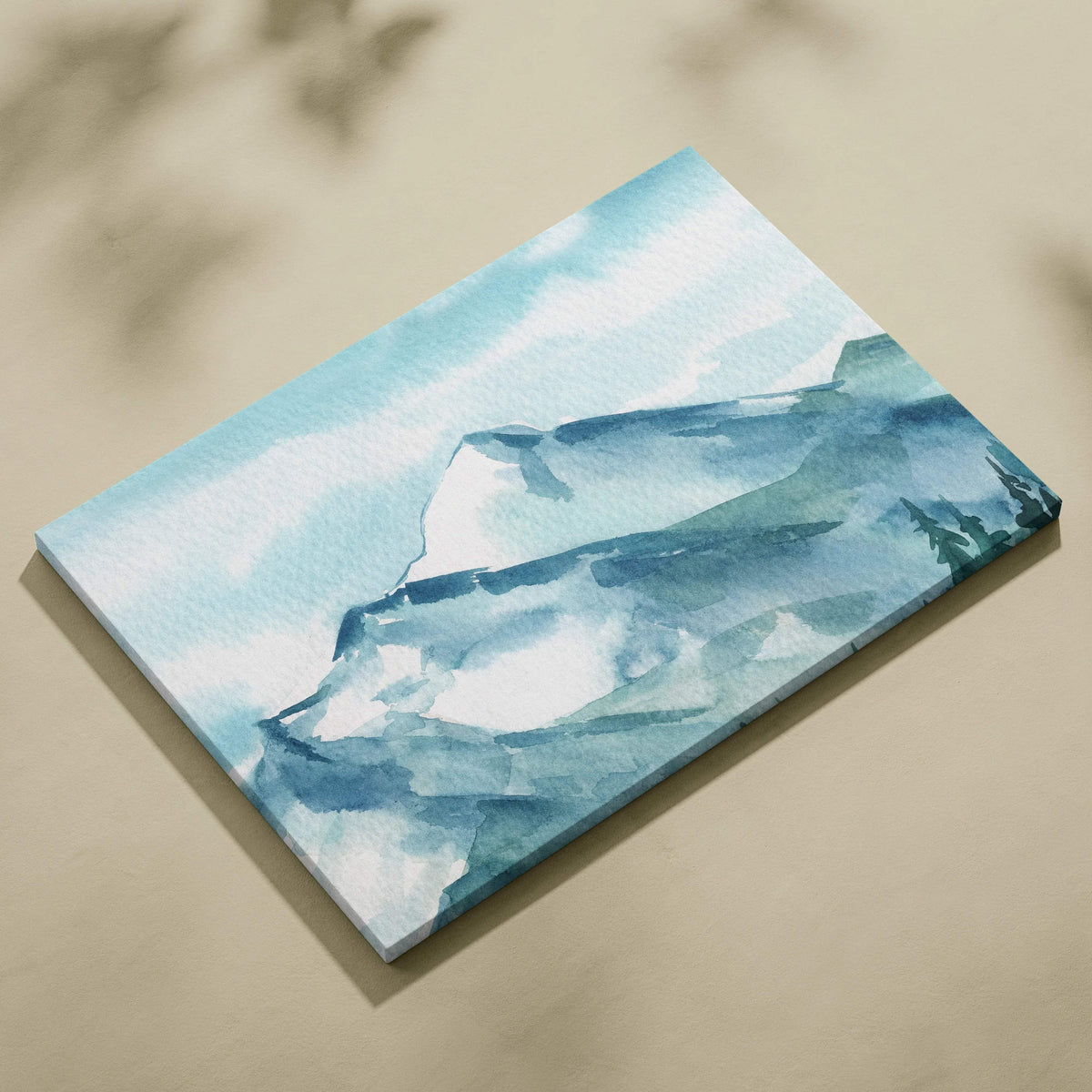 Misty blue watercolor mountains with teal peaks and pines on canvas