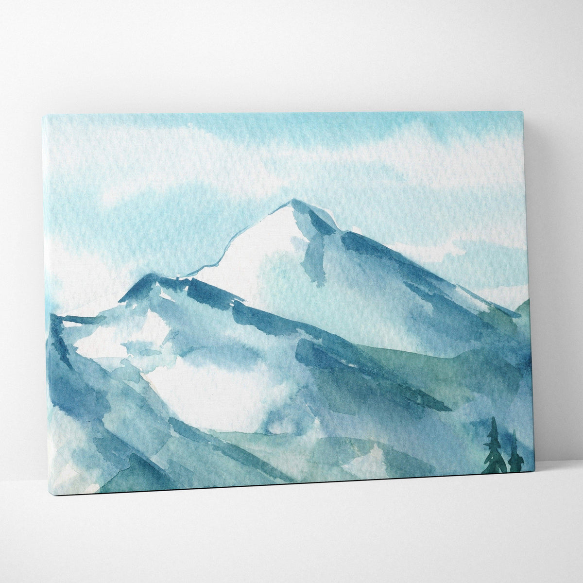Serene misty mountain watercolor canvas wall art in blue teal tones
