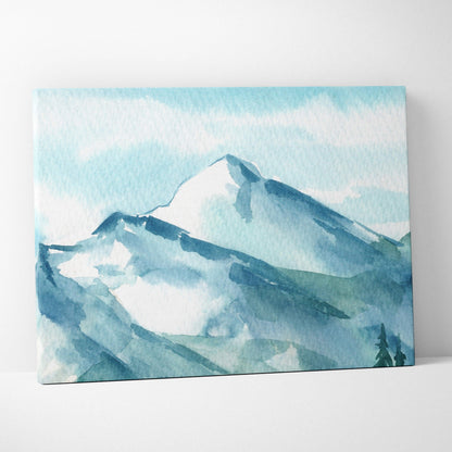 Serene misty mountain watercolor canvas wall art in blue teal tones