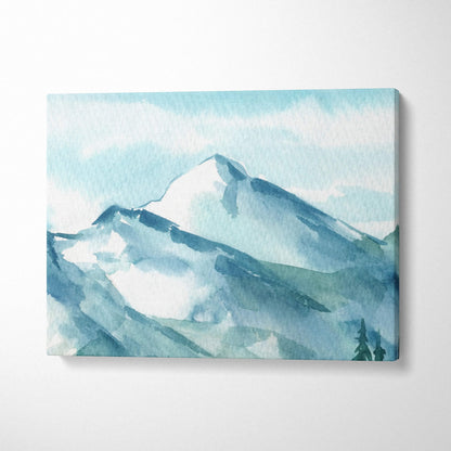 Serene misty mountain watercolor canvas print in blue teal tones with alpine peaks and pines