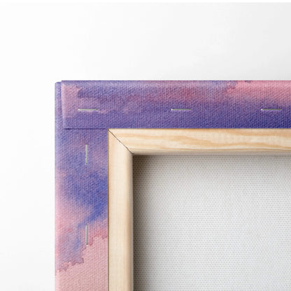 Watercolor mountain sunrise with misty pastel hills on wooden canvas print