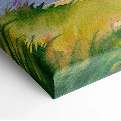 Watercolor canvas print of misty pastel hills, sunrise, and green grass with purple flowers