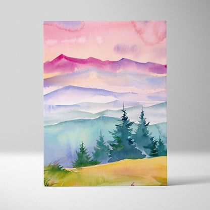 Watercolor mountain landscape canvas at sunrise with misty pastel hills and pink peach sky