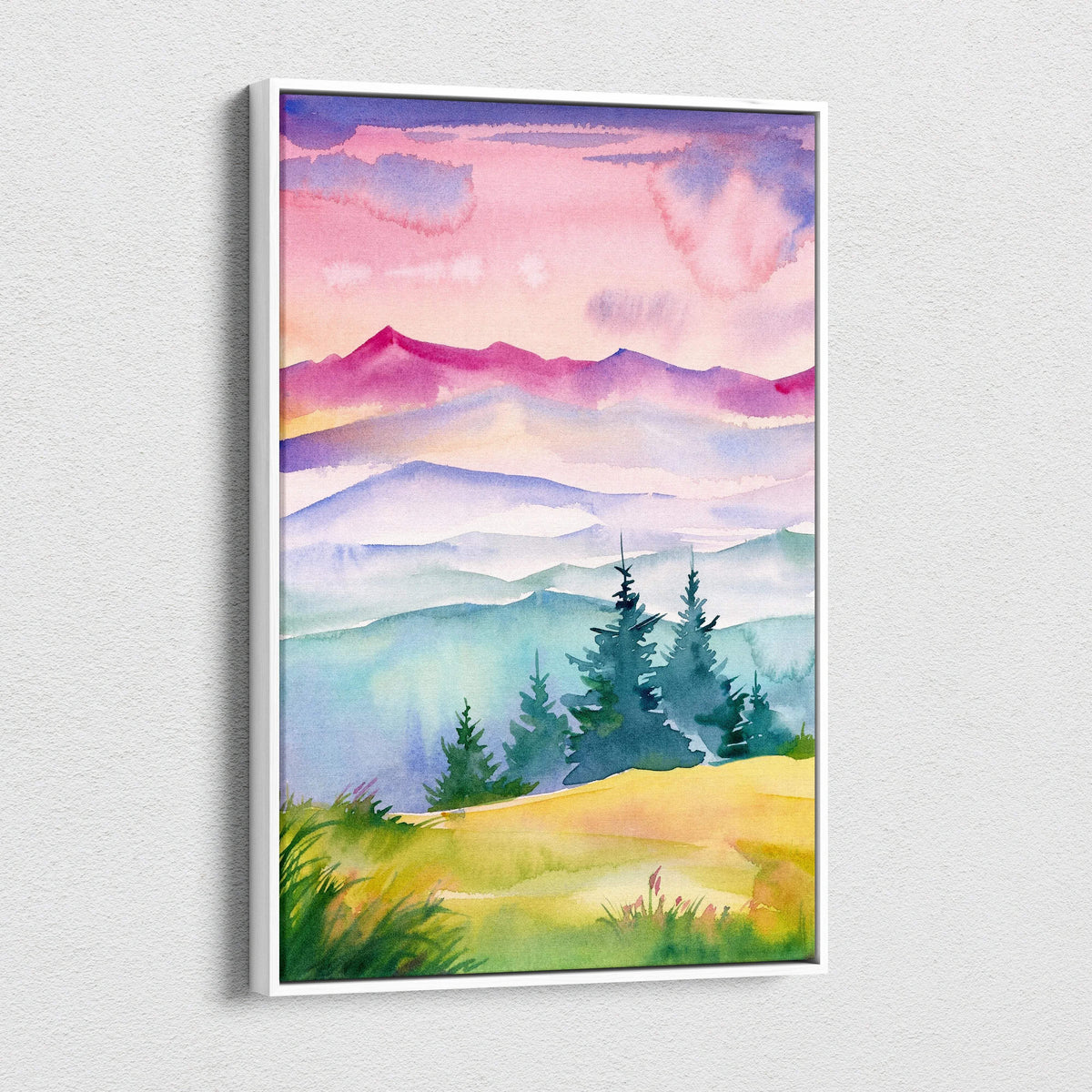Watercolor mountain landscape at sunrise with misty pastel hills in white frame