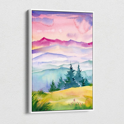 Watercolor mountain landscape at sunrise with misty pastel hills in white frame