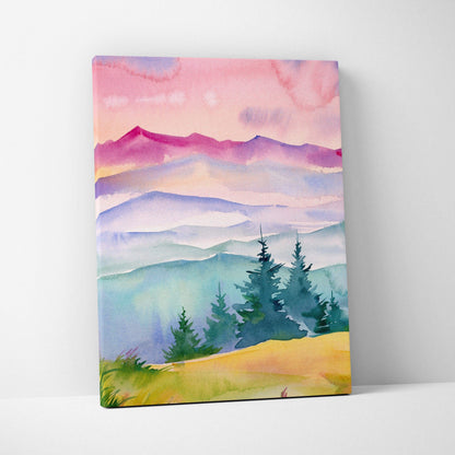 Watercolor mountain landscape canvas at sunrise with misty pastel hills and pink peach sky