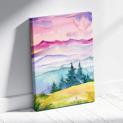 Vibrant watercolor mountain landscape canvas at sunrise with misty pastel hills and pink peach sky