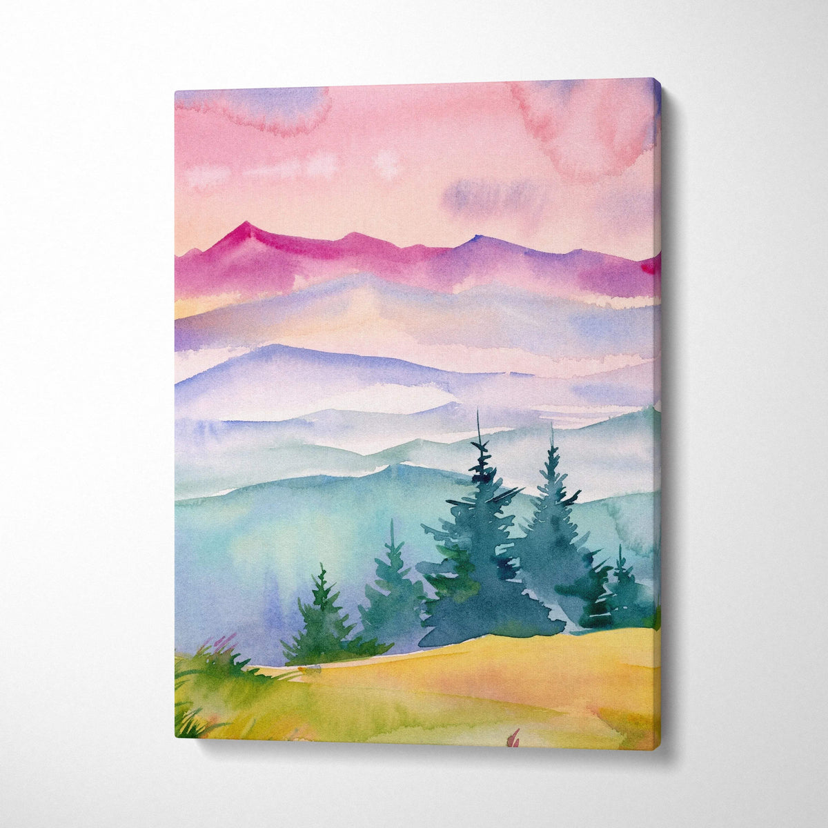 Watercolor mountain landscape canvas at sunrise with misty pastel hills, pink peach sky