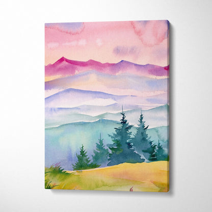Watercolor mountain landscape canvas at sunrise with misty pastel hills, pink peach sky