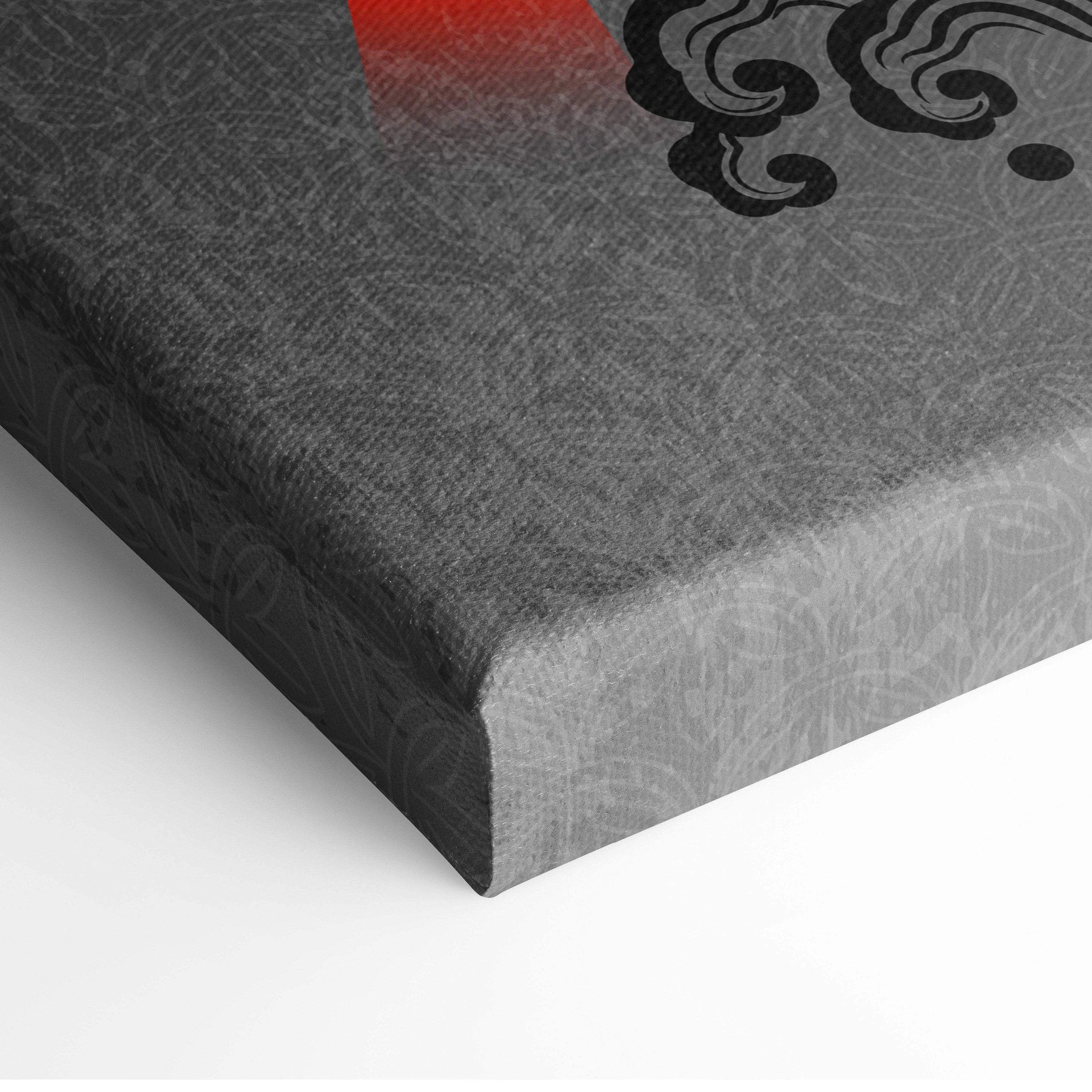Gray Japanese tiger canvas wall art with black ornate cloud patterns and subtle red accent for bold samurai decor