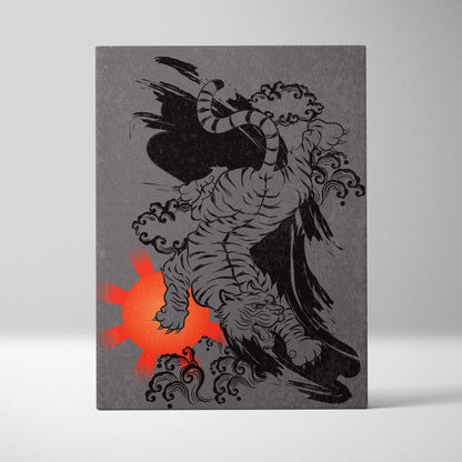 Gray Japanese tiger canvas wall art with bold black ink tiger, flowing clouds, and orange sunburst for game room decor