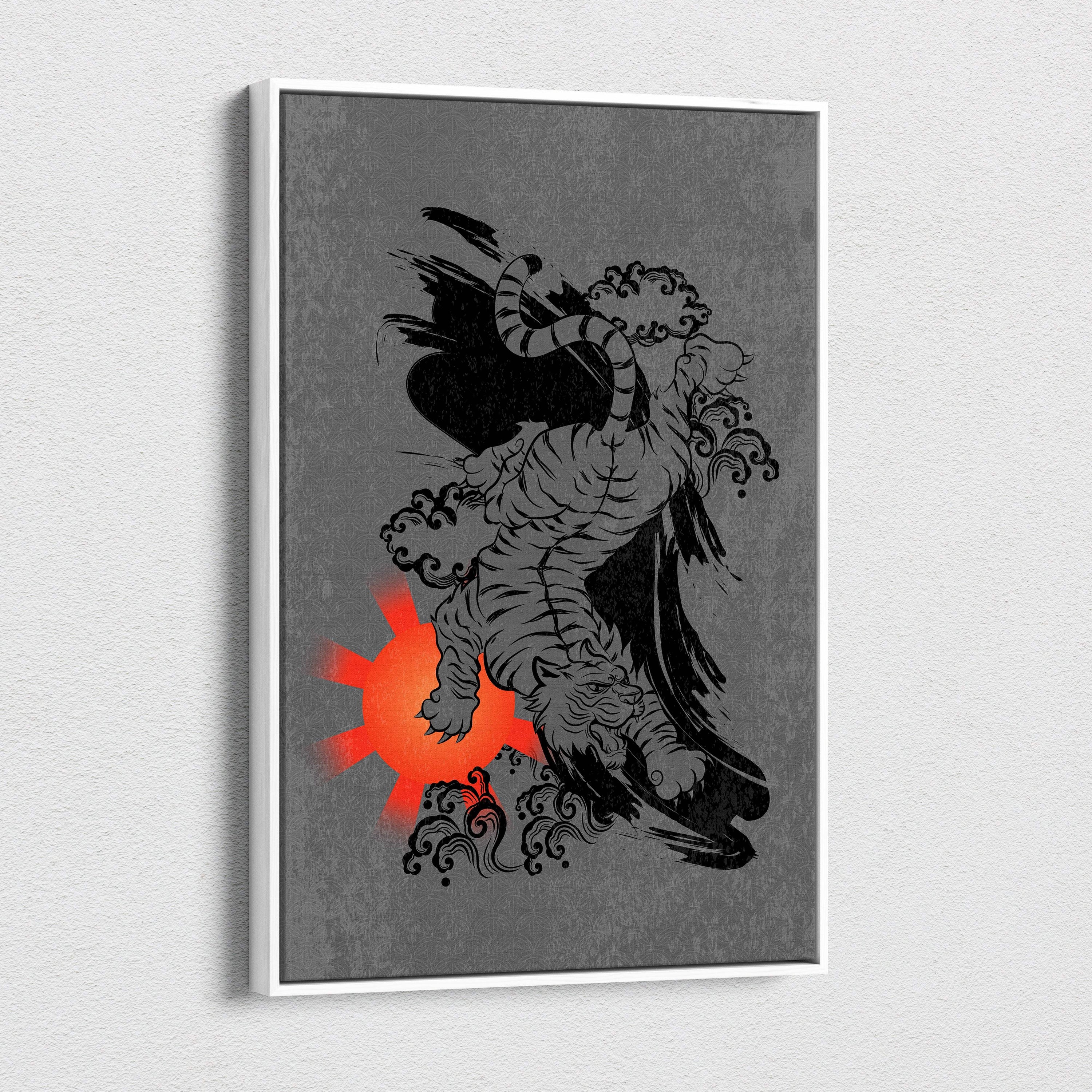Gray framed canvas print of black ink-style japanese tiger with flowing clouds and orange sunburst for game room wall art