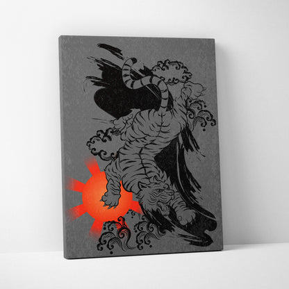 Gray canvas wall art featuring a stylized black Japanese tiger with a red sunburst and cloud motifs for bold decor