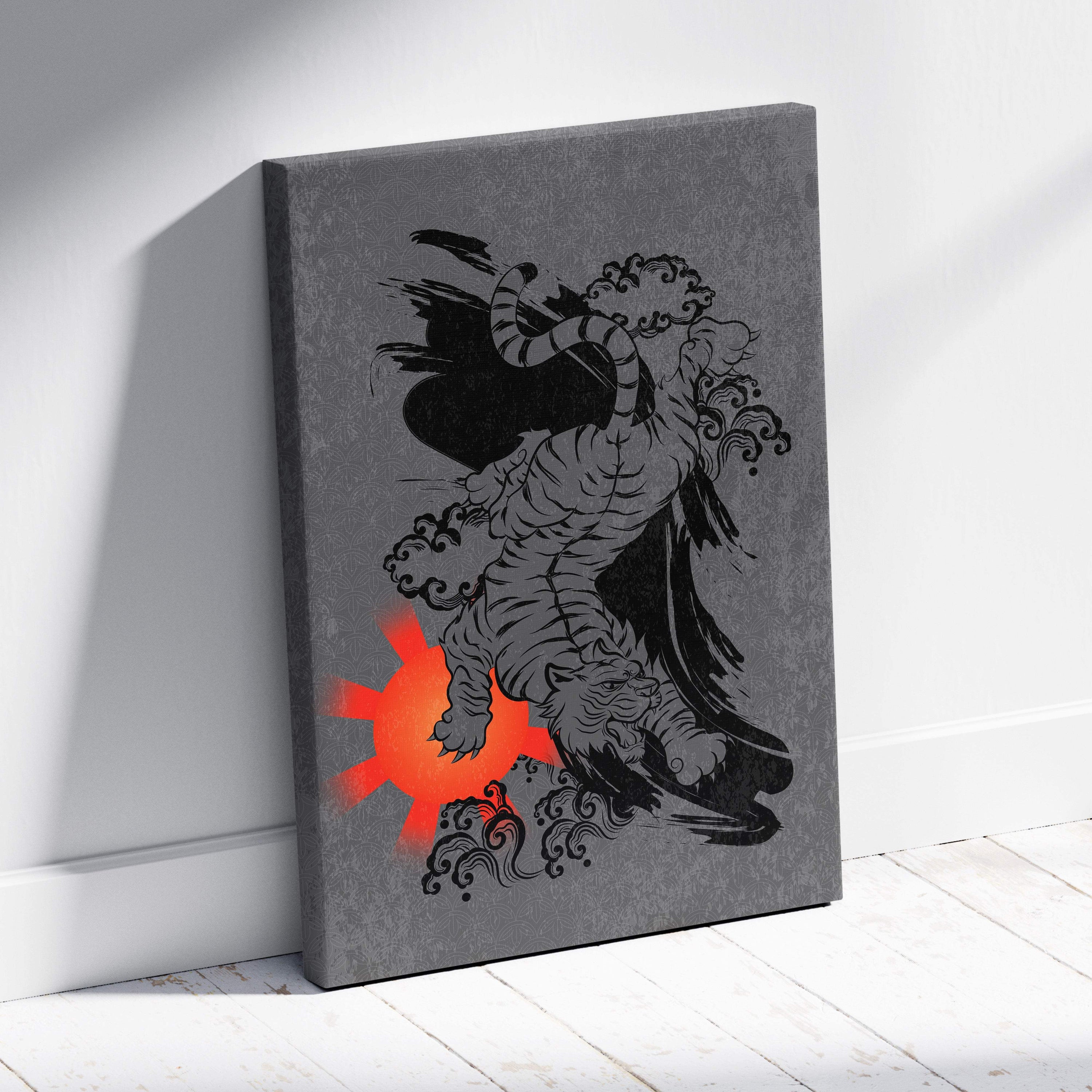 Gray canvas wall art featuring black ink-style Japanese tiger with swirling clouds and orange gear design for game room decor