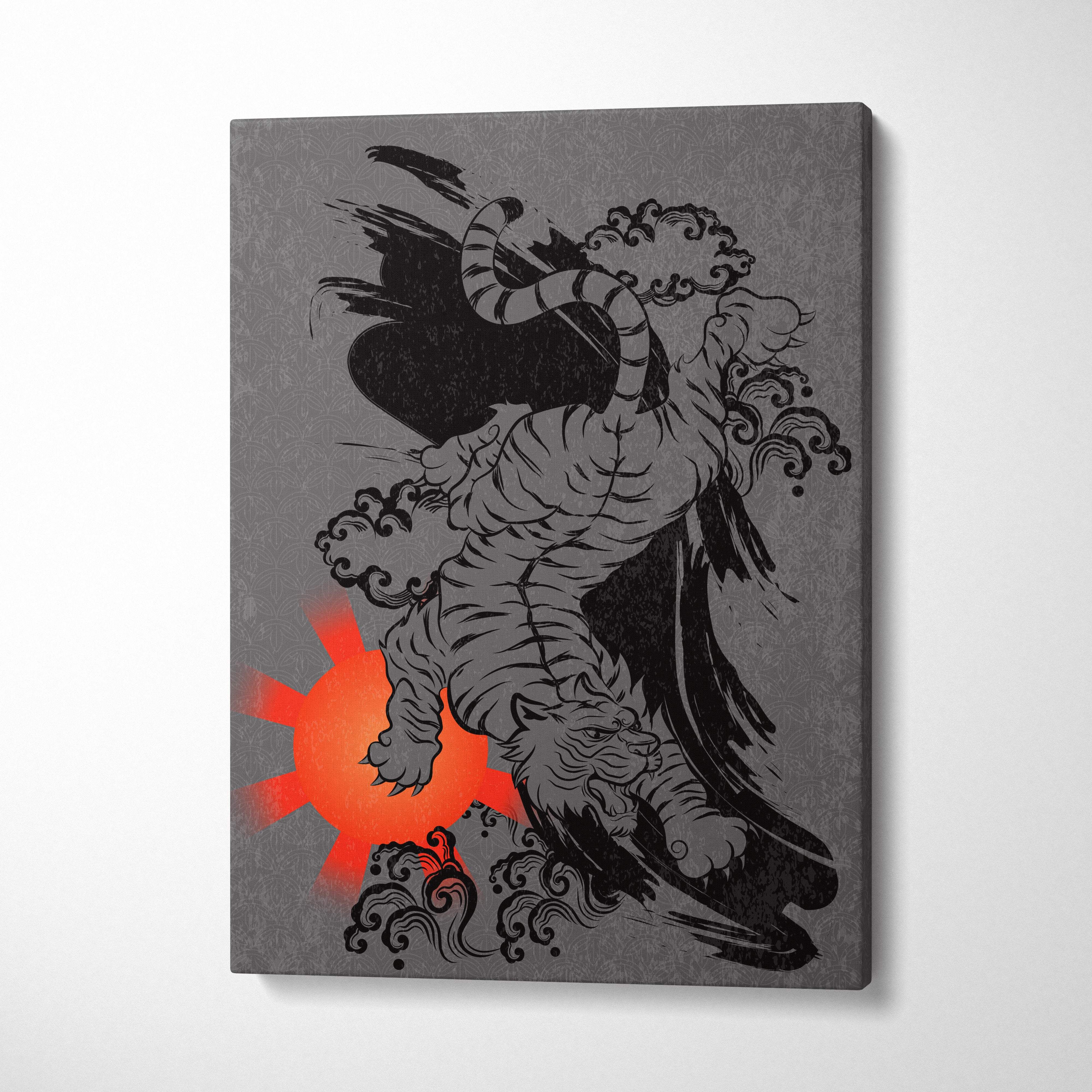 Gray canvas wall art featuring a stylized black-and-white japanese tiger with red sunburst and zen samurai motifs