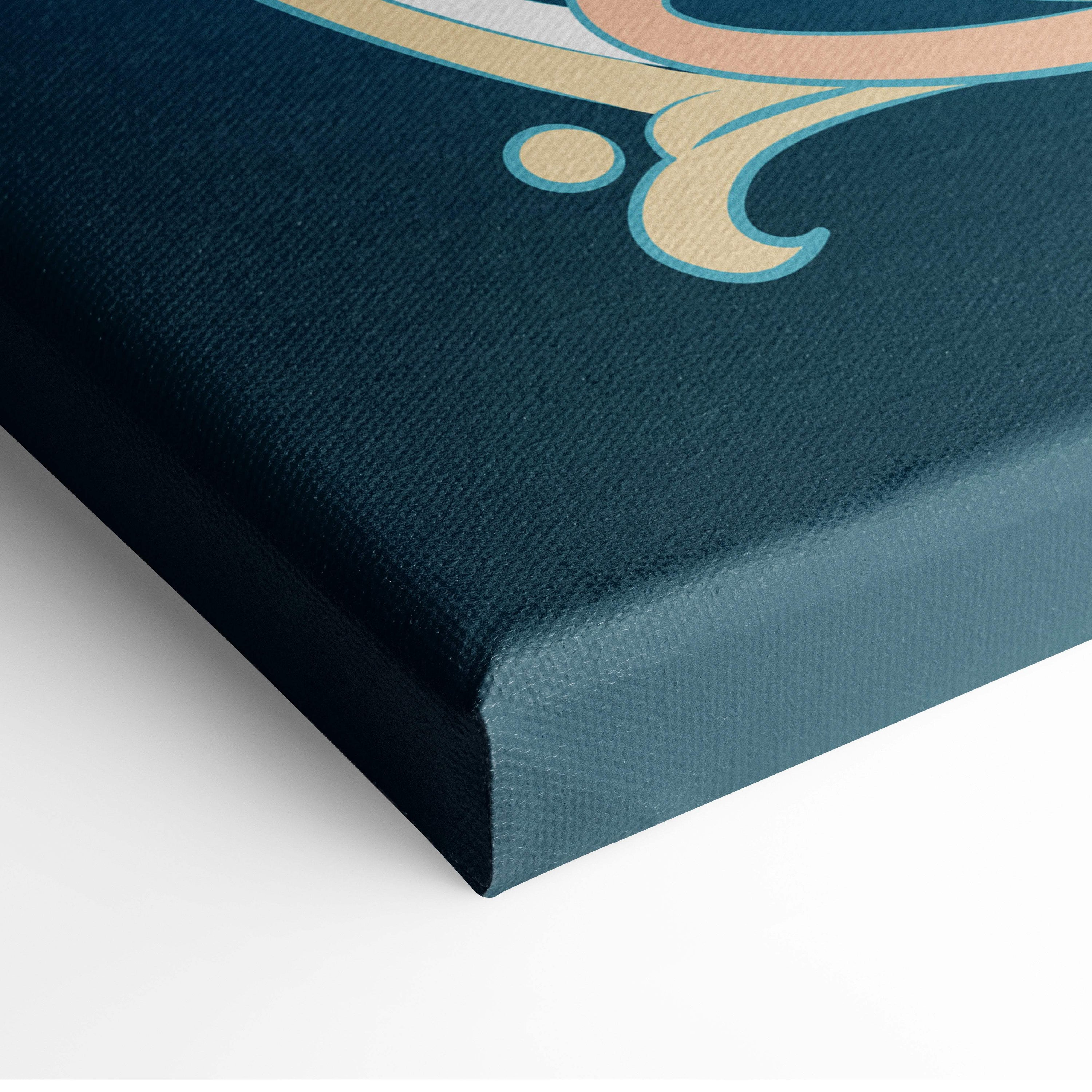 Teal canvas print with ornate gold and light blue swirls in japanese tattoo style for zen bathroom or living room decor