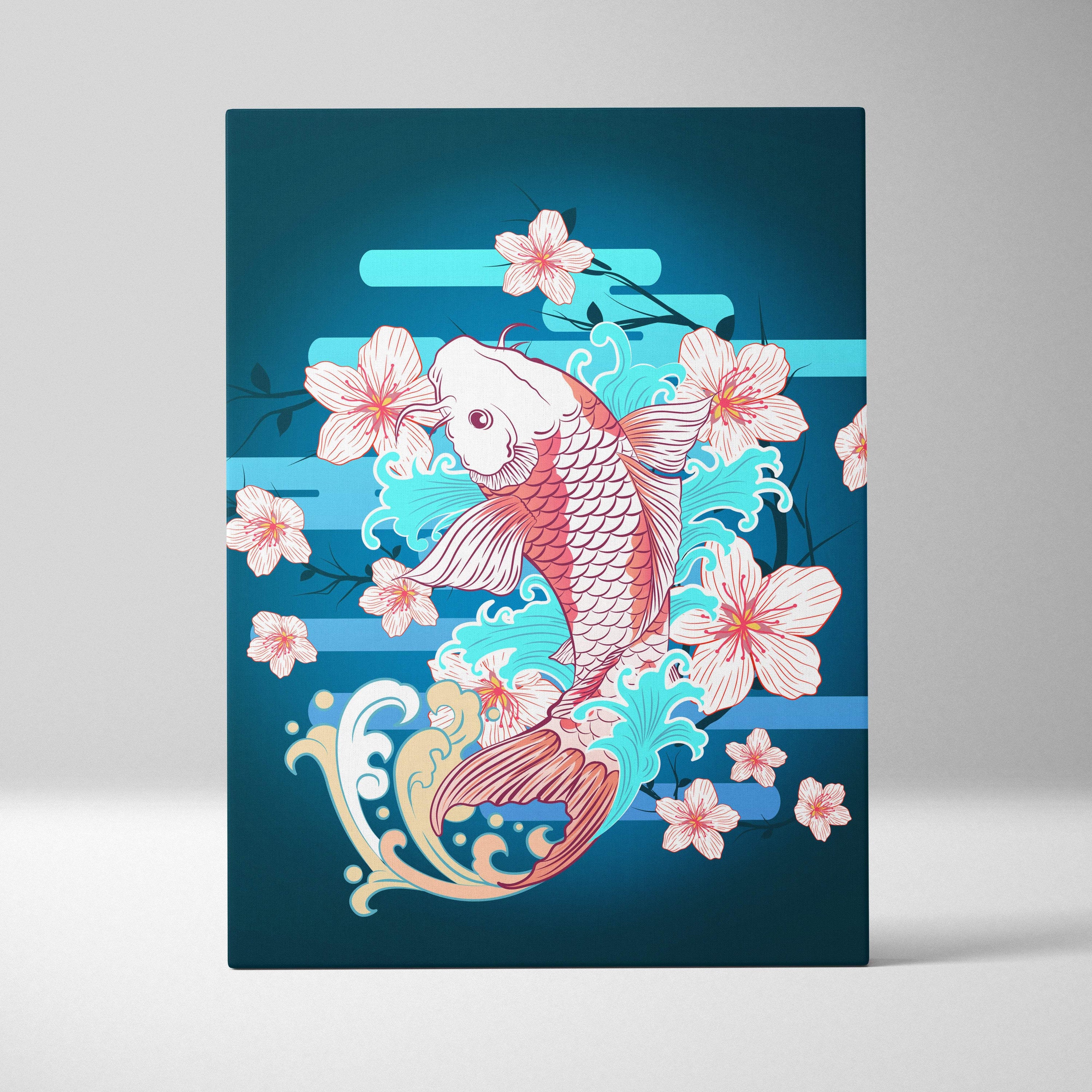 A vibrant pink koi fish and cherry blossom canvas print with teal waves in japanese tattoo style for wall art