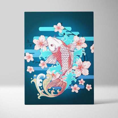 A vibrant pink koi fish and cherry blossom canvas print with teal waves in japanese tattoo style for wall art