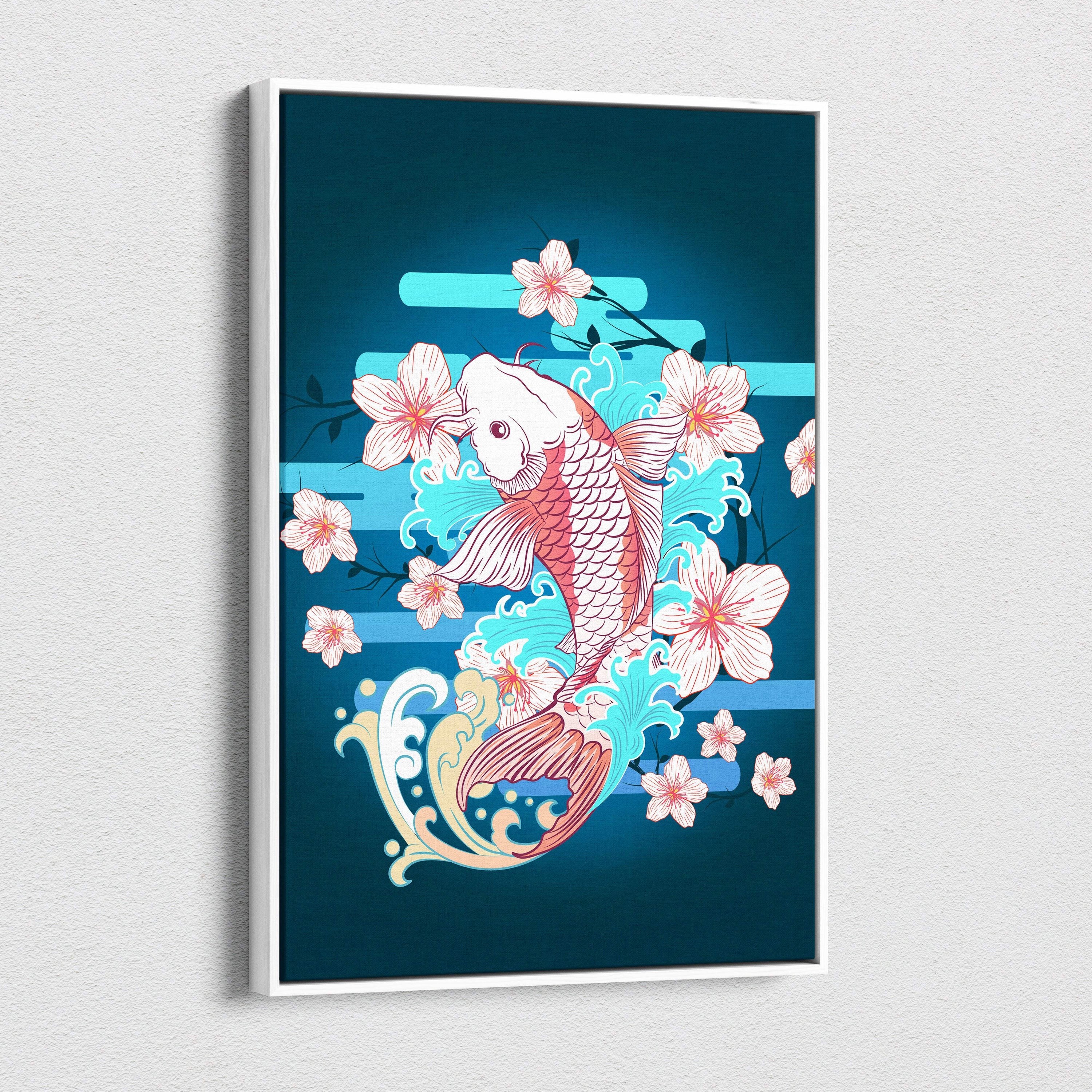 A framed canvas wall art of a pink koi fish with cherry blossoms in teal blue Japanese tattoo style
