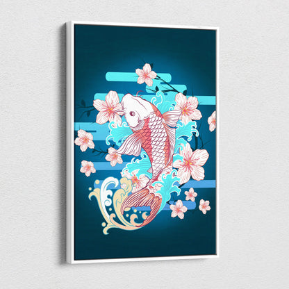 A framed canvas wall art of a pink koi fish with cherry blossoms in teal blue Japanese tattoo style