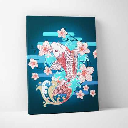 Teal canvas print featuring a pink and white koi fish with turquoise waves and cherry blossoms in japanese tattoo style
