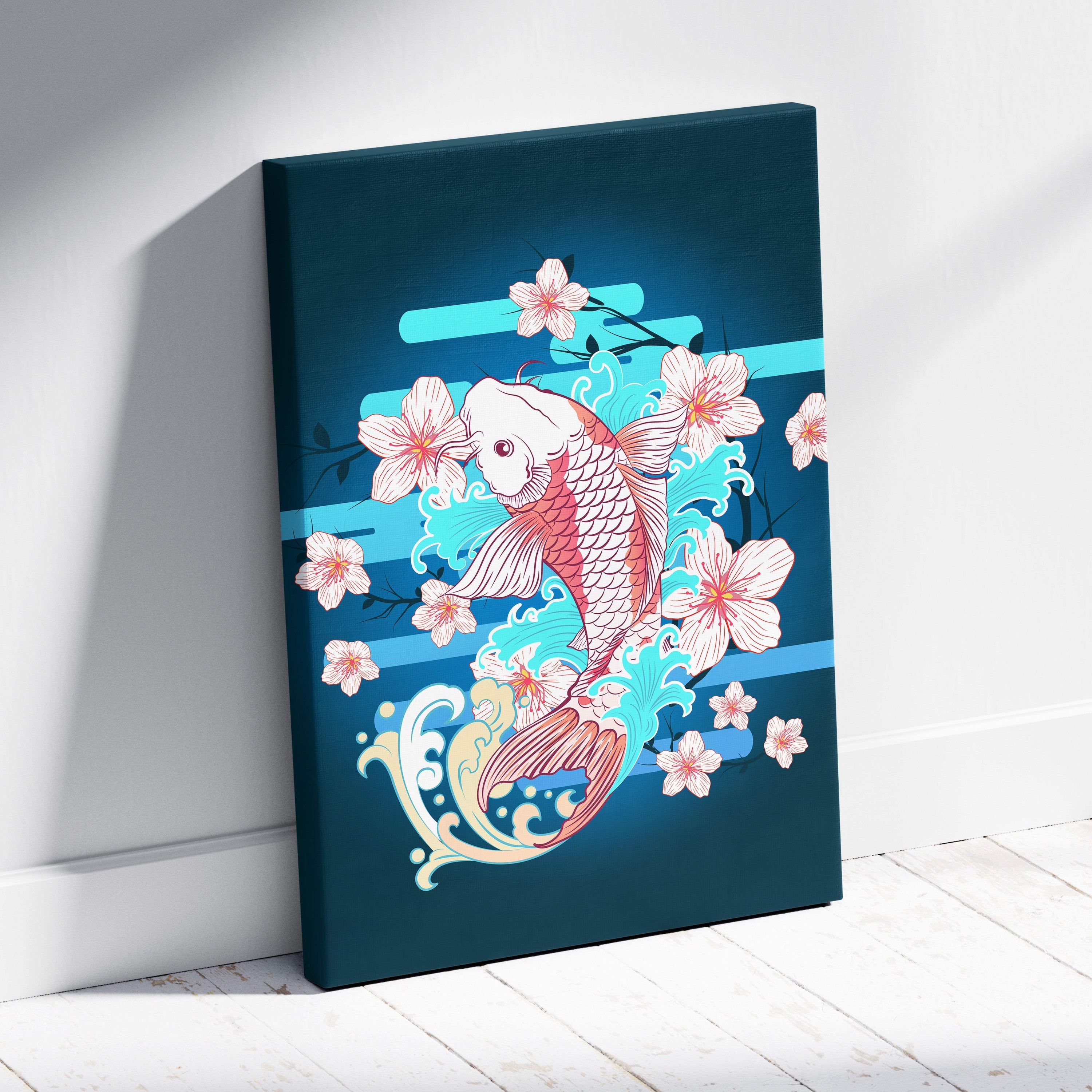 Pink koi fish cherry blossom canvas wall art with teal blue waves in Japanese tattoo style for peaceful zen decor