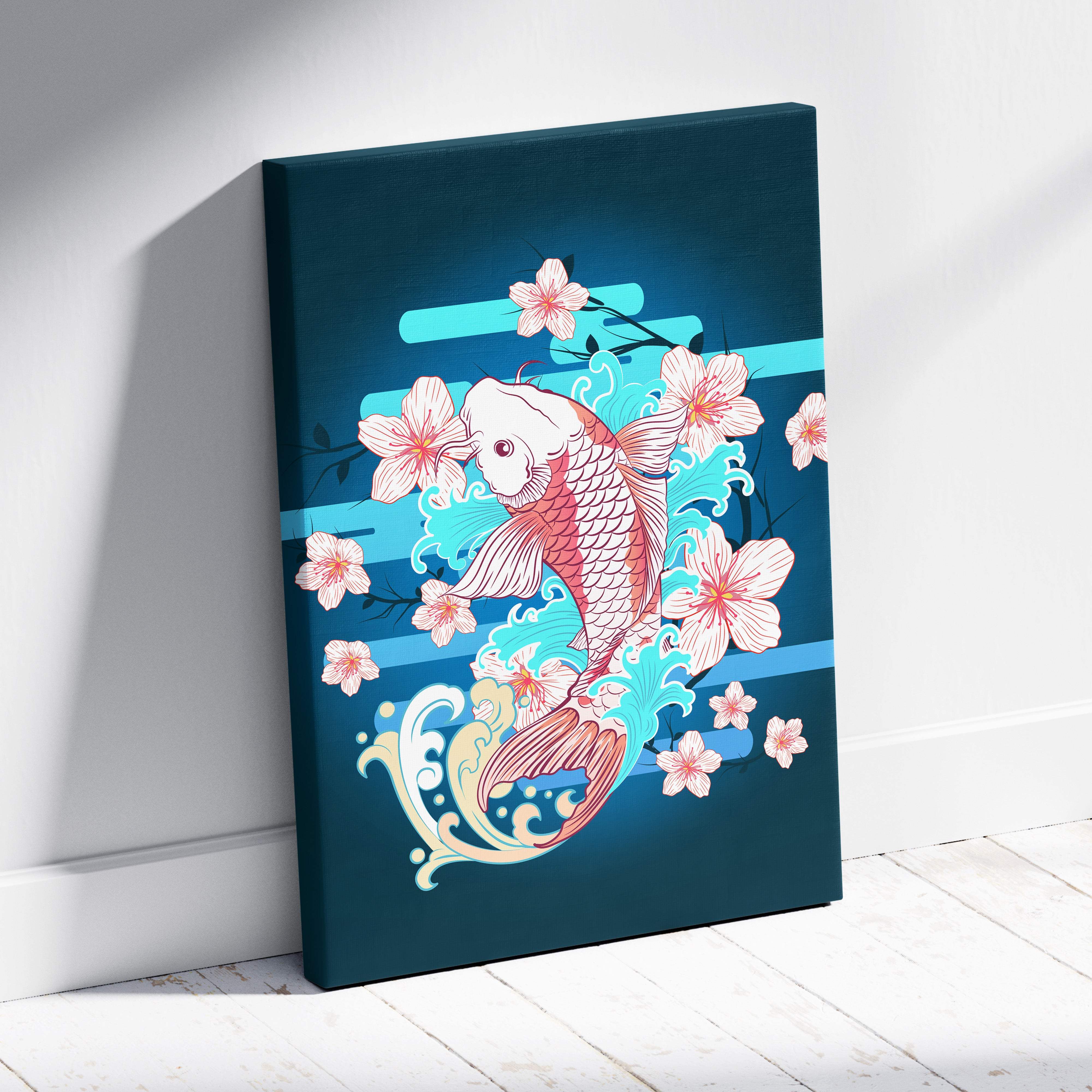 Pink koi fish cherry blossom canvas wall art with teal blue waves in Japanese tattoo style for peaceful zen decor