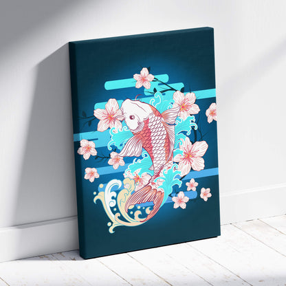 Pink koi fish cherry blossom canvas wall art with teal blue waves in Japanese tattoo style for peaceful zen decor