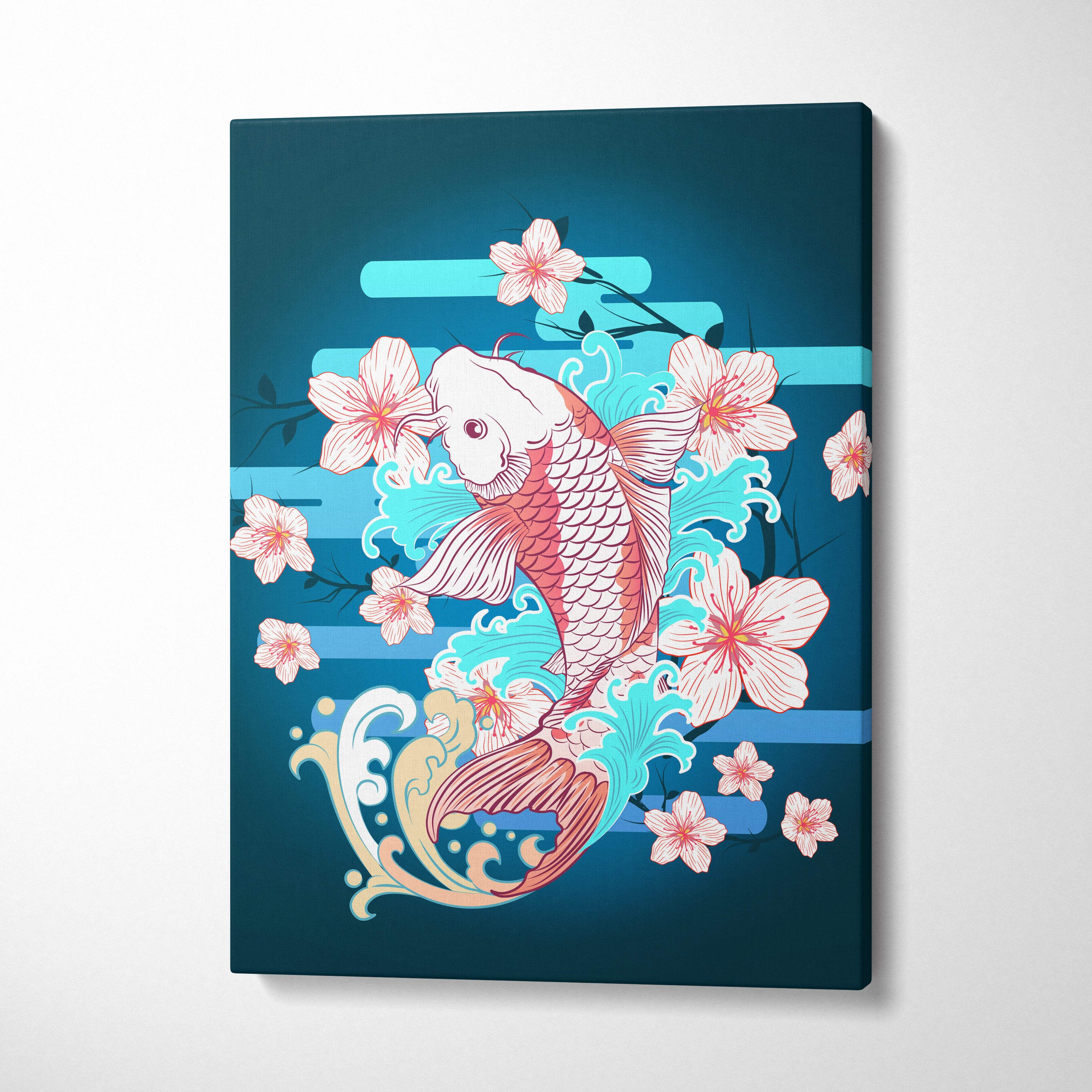 Pink koi fish cherry blossom canvas wall art with stylized pink white koi swimming in teal water for zen decor