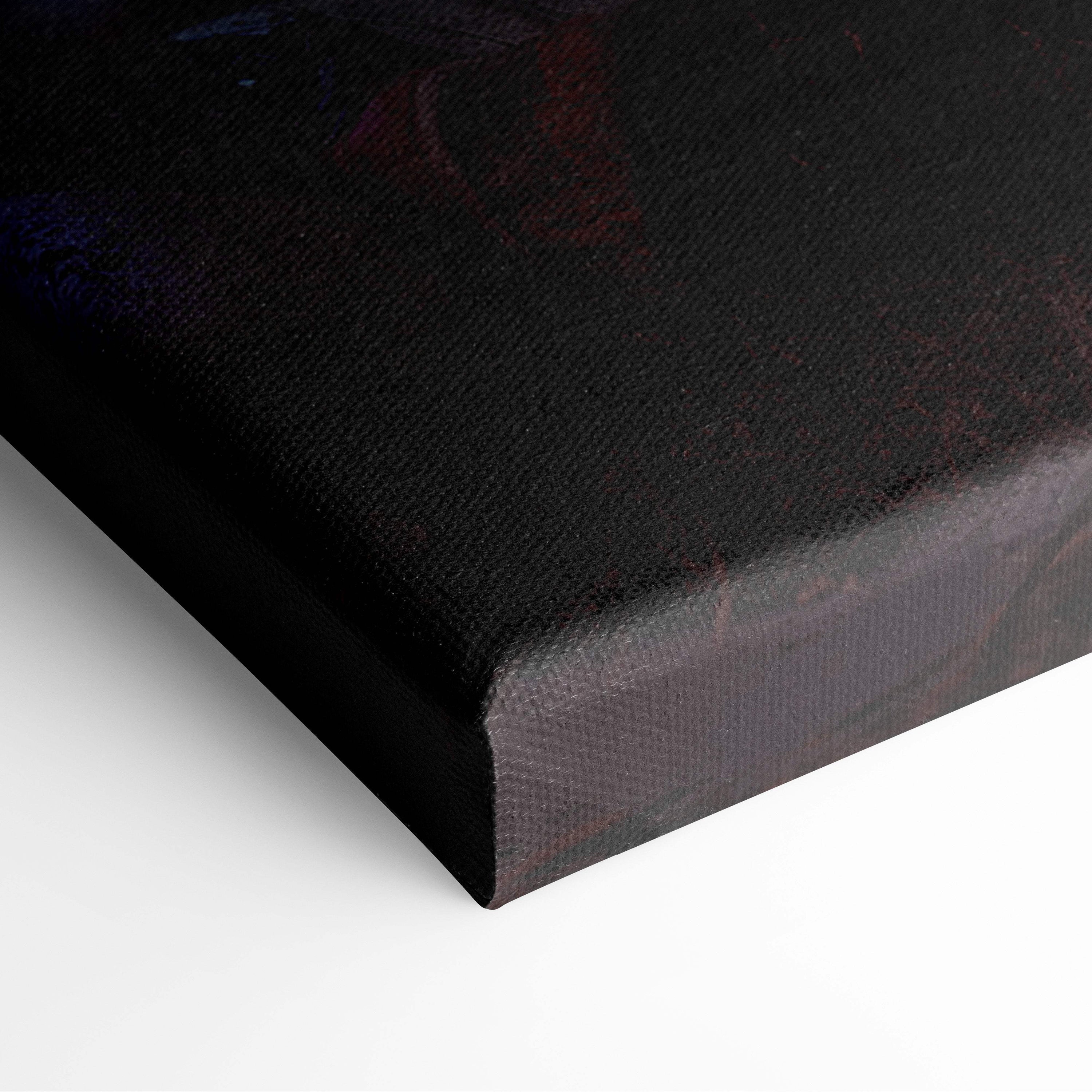 Dark fantasy necromancer canvas print with textured black surface and subtle dark red and blue abstract markings