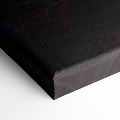 Dark fantasy necromancer canvas print with textured black surface and subtle dark red and blue abstract markings