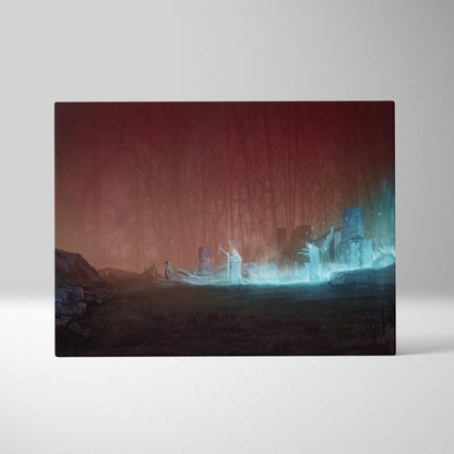 Rectangular canvas print of blue glowing ghost ruins in a dark fantasy necromancer style against red sky background