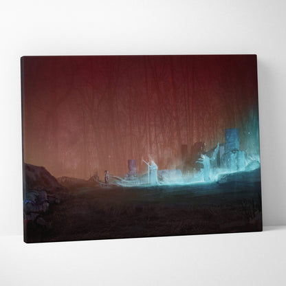 A rectangular canvas print of blue glowing ghost ruins in a dark fantasy necromancer landscape with a deep red sky